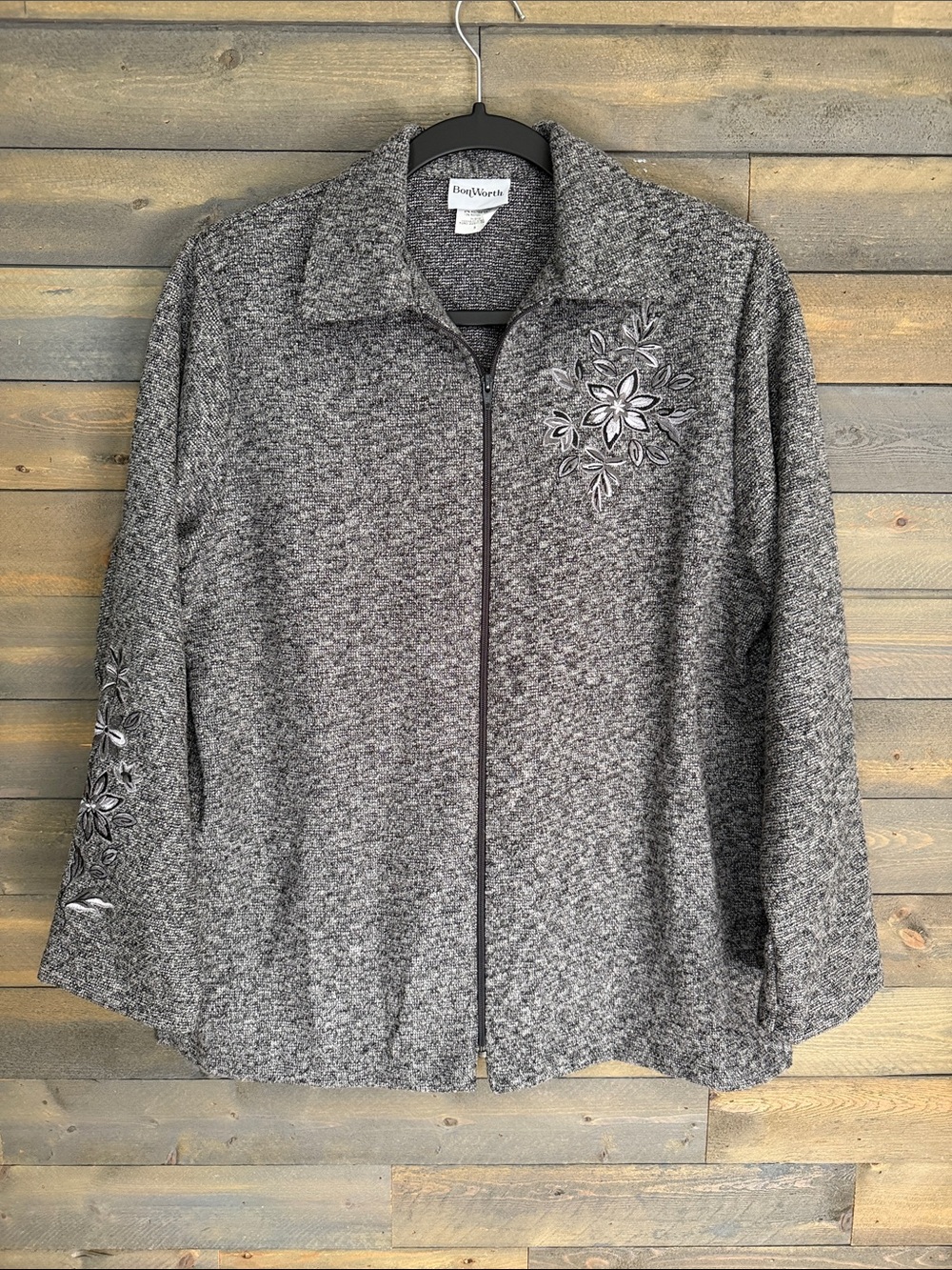 Vintage Bon Worth Gray Tweed Embroidered Zip Jacket - Size Small